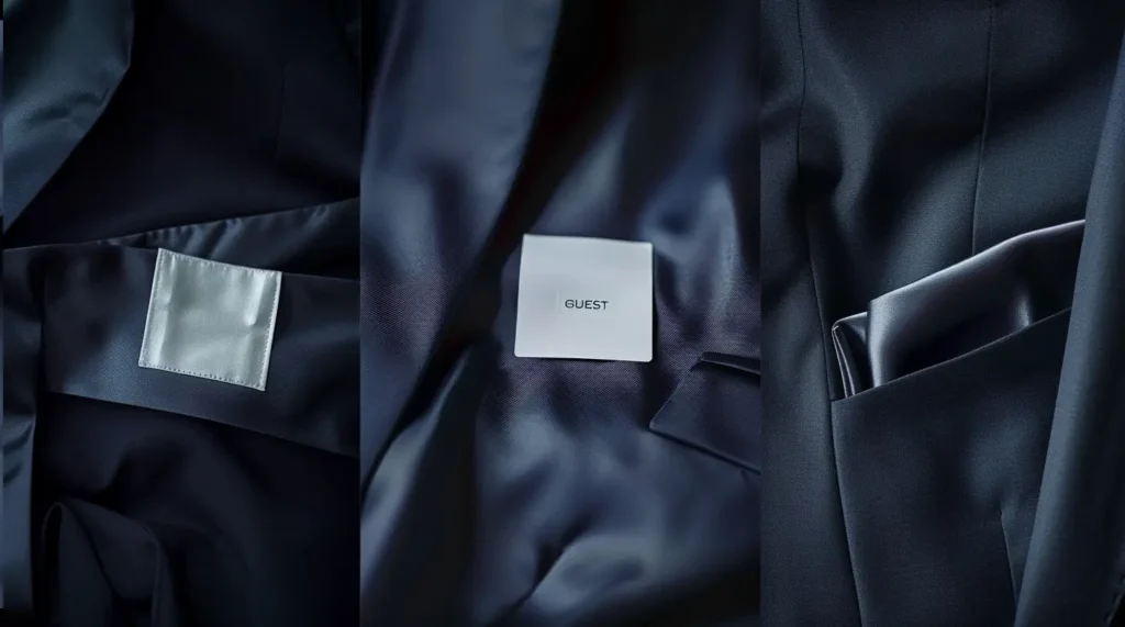 Dunkles Sakko mit silbernem Reflexions-Etikett und weißem Guest-Aufkleber – Acetatseide-Etiketten