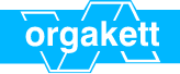Logo orgakett in Weiß auf türkisem Hintergrund mit Sechseck-Emblem