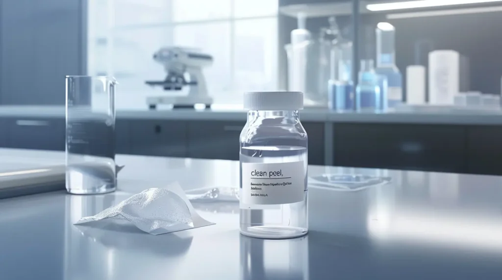 Ablösbares Etikett clean peel auf Glasflasche im Pharmalabor ohne Kleberrückstände