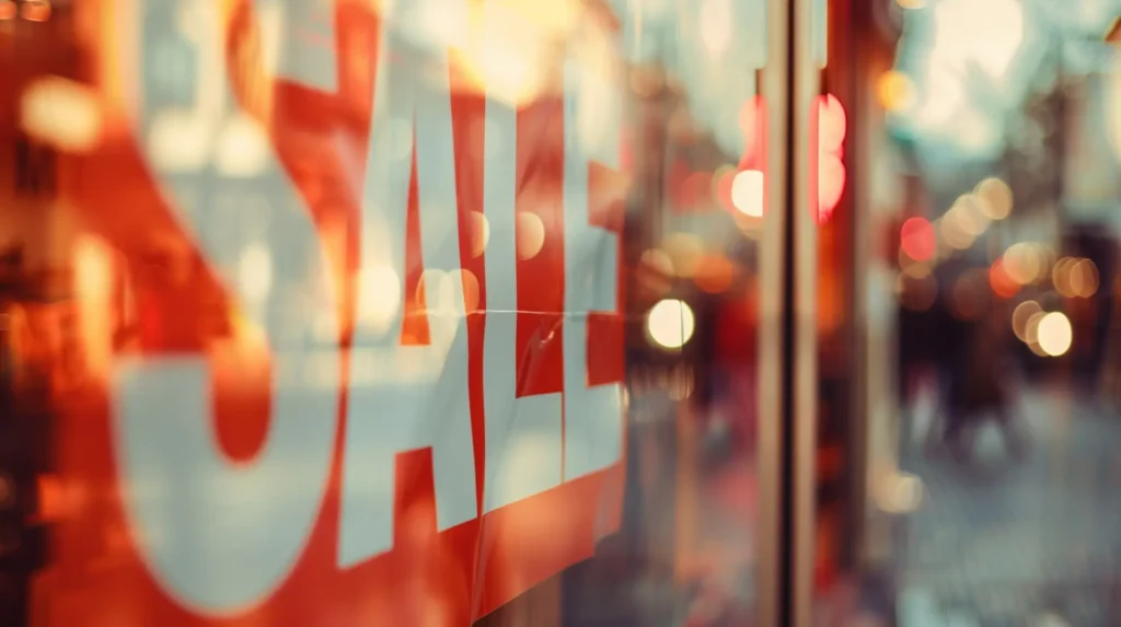 Rotes SALE-Schild an Schaufensterscheibe mit Stadtspiegelung – Adhäsionsetiketten für Einzelhandel