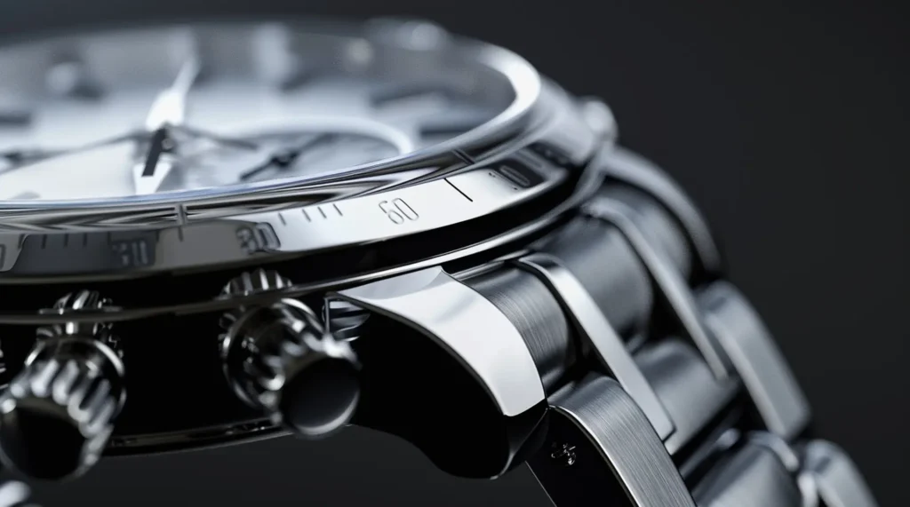 Luxus-Chronograph mit poliertem Stahlgehäuse und Tachymeter-Lünette – Adhäsionsetiketten Uhrenindustrie