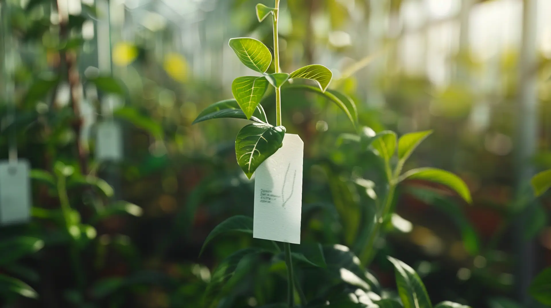 Junge Grünpflanze mit weißem Pflanzenetikett im Gewächshaus – Etiketten Agrarwirtschaft