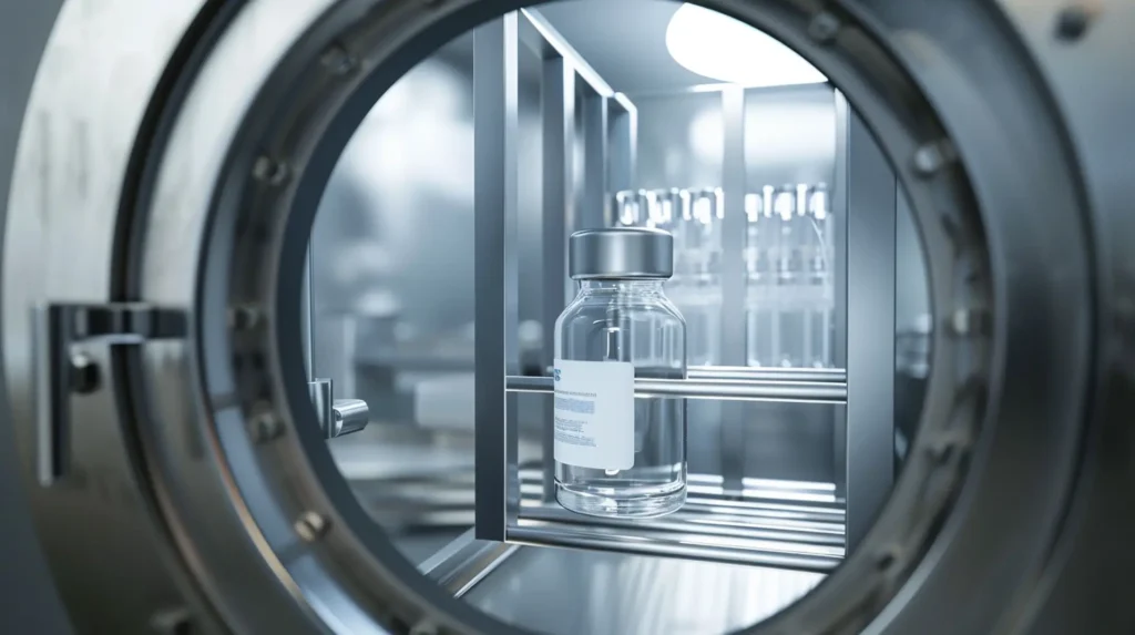 Glasfläschchen mit autoklavierbarem Etikett im Autoklav – sterilisierbare Etiketten Pharma