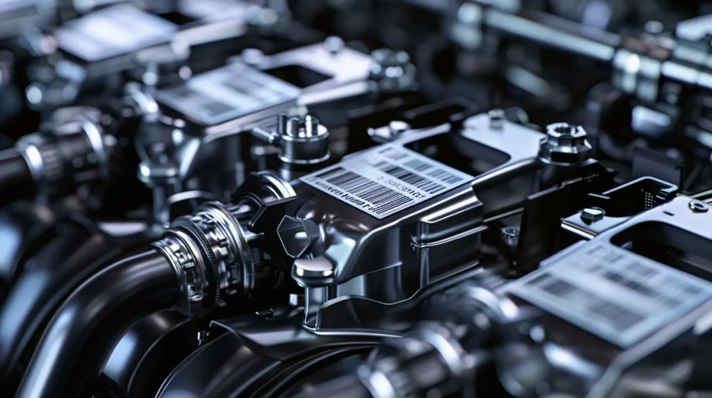Polierte Motorkomponenten mit Barcode-Typenschildern – Etiketten für Automotive und Fahrzeugbau