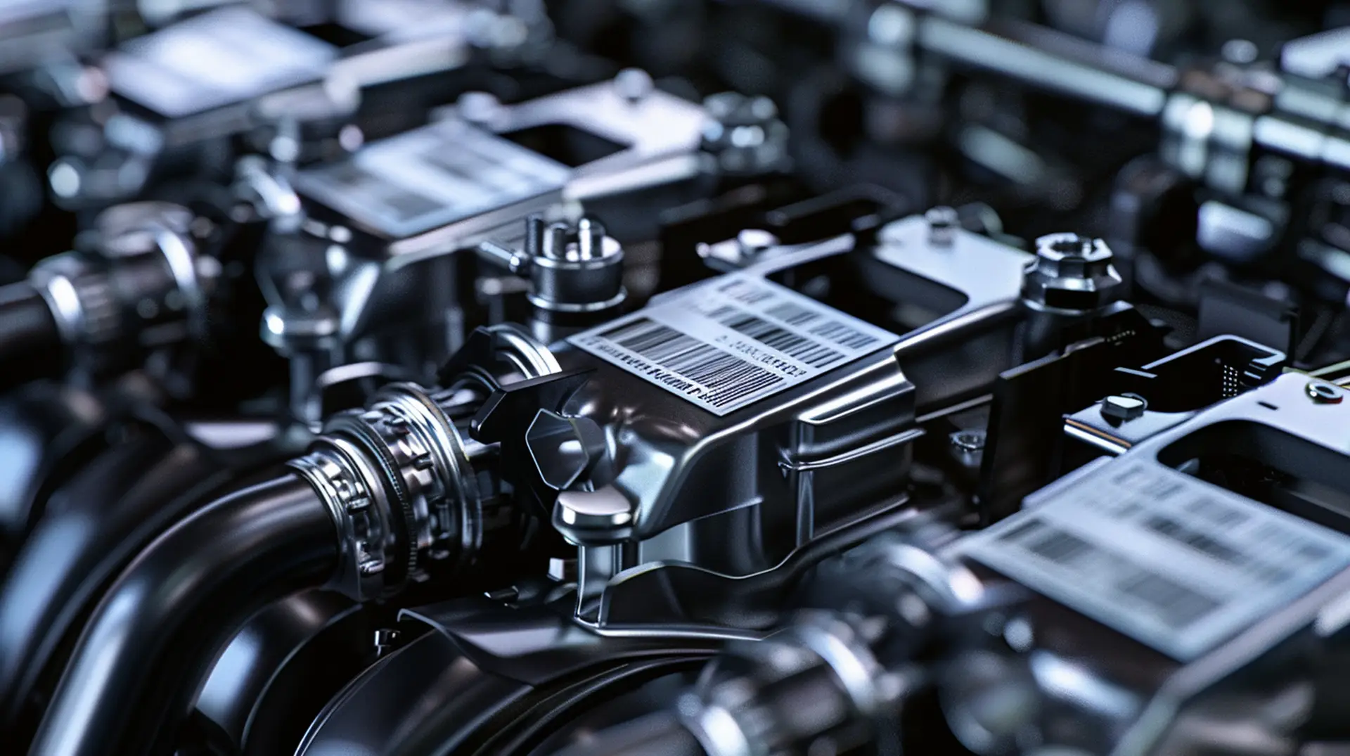 Polierte Motorkomponenten mit Barcode-Typenschildern – Etiketten für Automotive und Fahrzeugbau