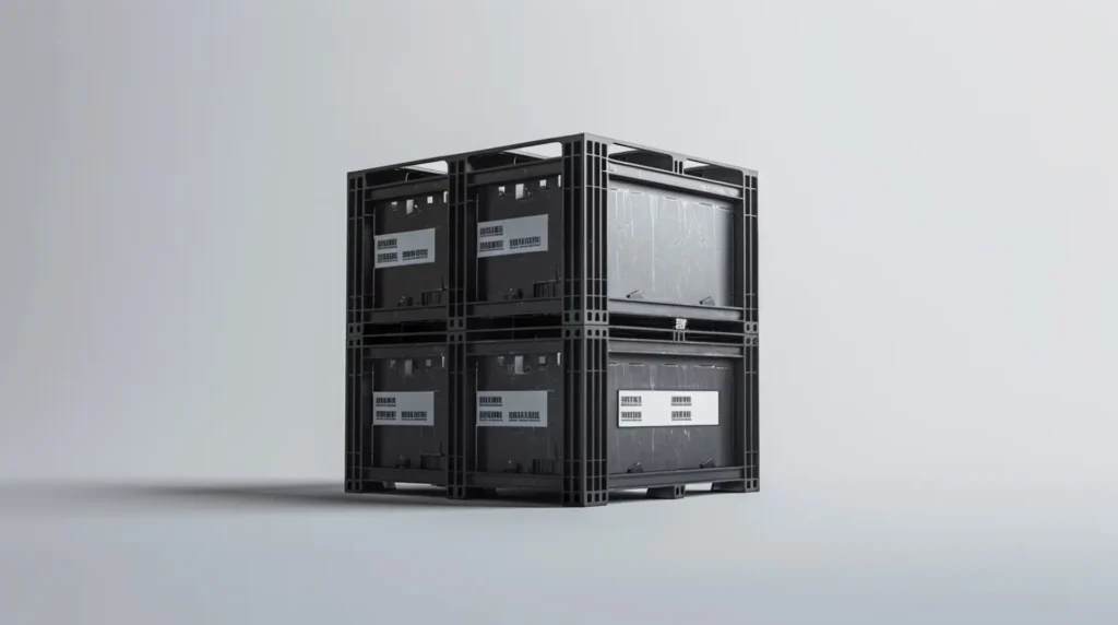 Zwei gestapelte schwarze Kunststoffbehälter mit Barcode-Etiketten – Barcode-Etiketten Logistik