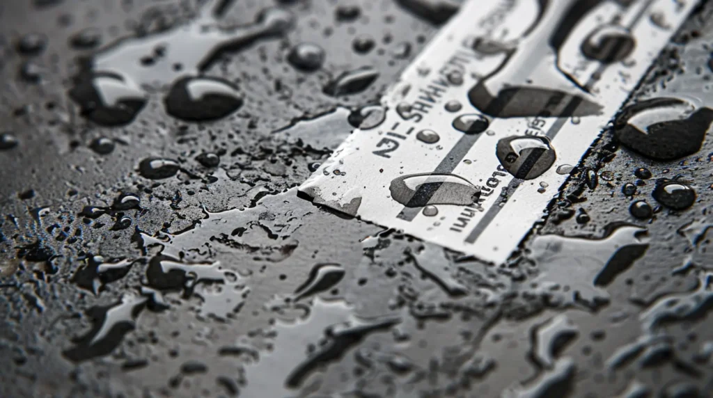 Metallklinge mit weißem Etikett auf nassem dunklen Untergrund mit Wassertropfen – Bauindustrie-Etiketten