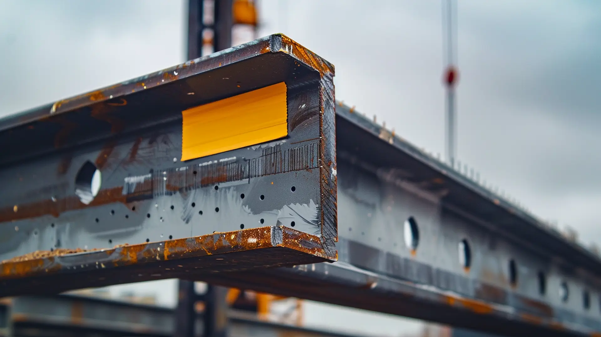 Stahlträger mit gelbem Kennzeichnungsetikett auf Baustelle – Etiketten für Bauindustrie und Baustoffe