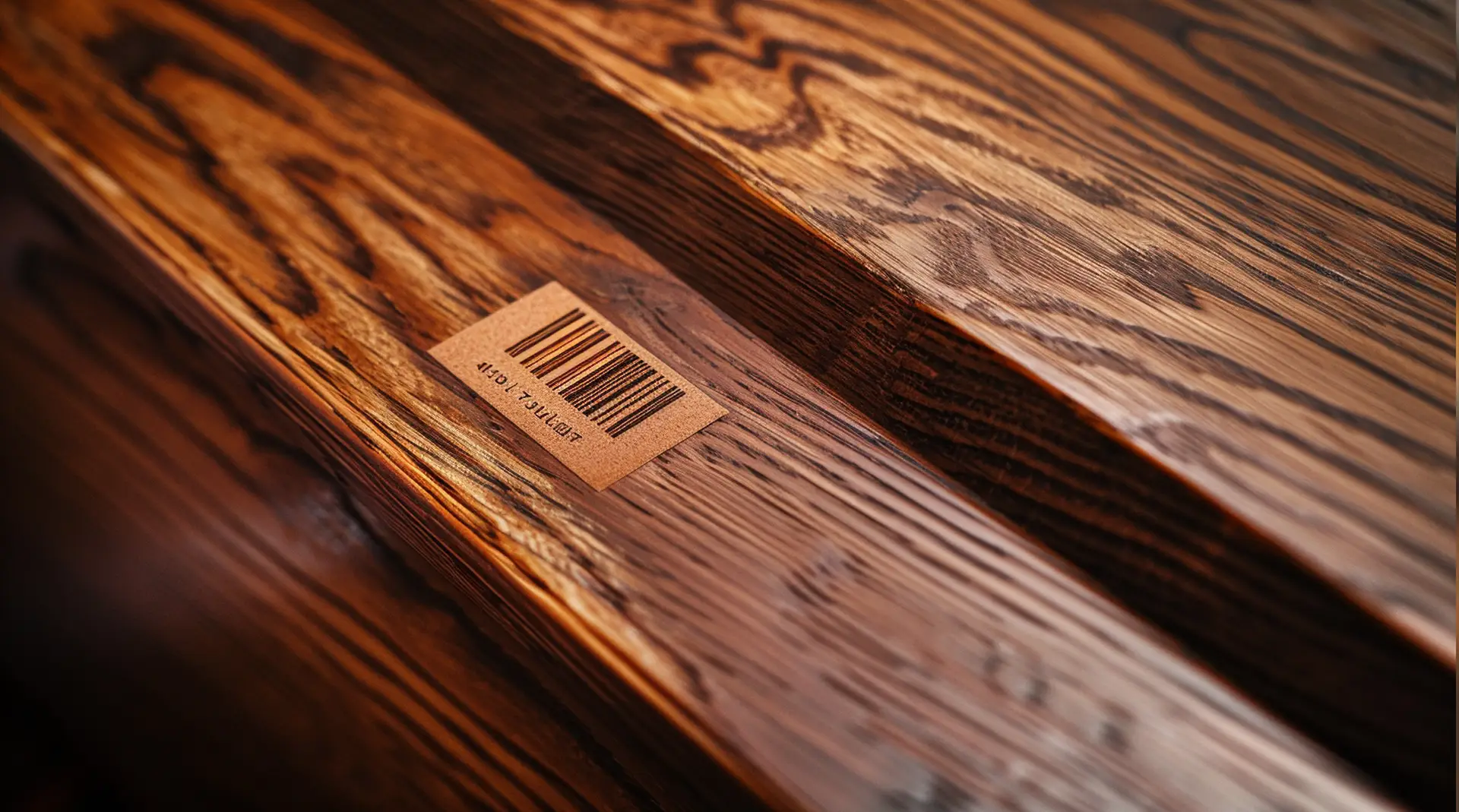Dunkles Holzbrett mit braunem Barcode-Etikett in warmem Licht – Etiketten Bestattungswesen