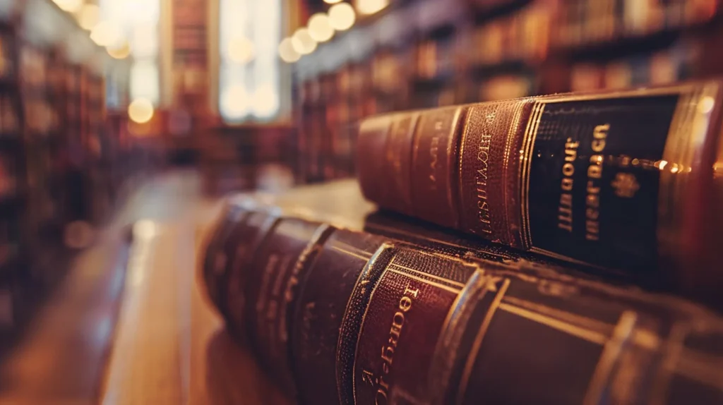 Ledergebundene Bücher mit Goldprägung in warmer Bibliothek – Etiketten Bildungseinrichtungen