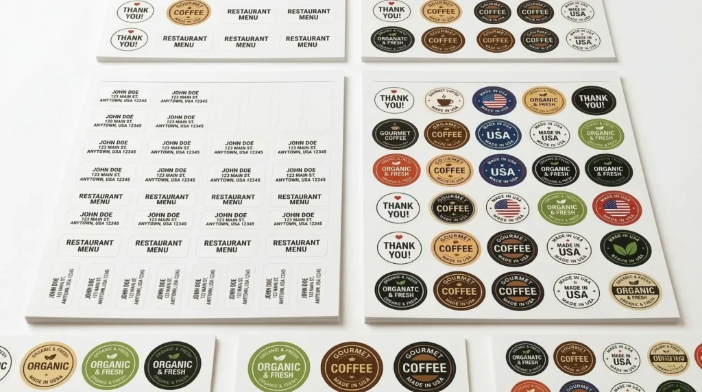 DIN-A4-Bogen mit Adress-Etiketten und bunte Rund-Etiketten auf weißem Untergrund – Bogenetiketten