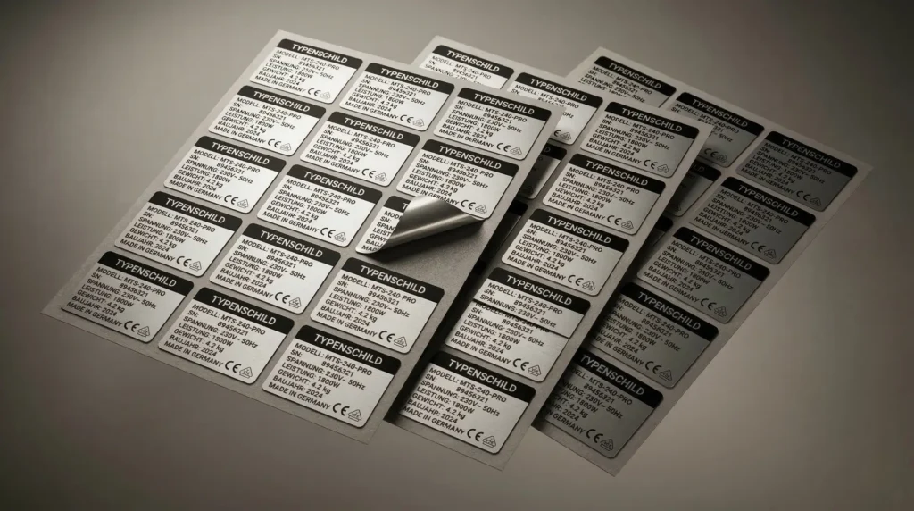 DIN-A4-Bogen mit silbernen TYPENSCHILD-Etiketten aus dem Bogen gelöst – Bogenetiketten