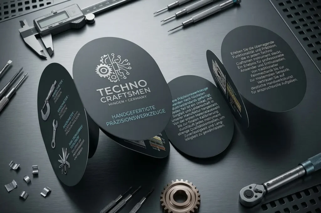 Schwarze Booklet-Etiketten mit Logo und Klappseiten auf dunklem Hintergrund mit Präzisionswerkzeug