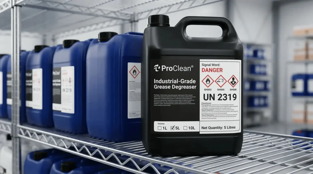 Schwarzer Chemikalienkanister mit GHS-Gefahrsymbolen und UN-Nummer auf Lagerregal – GHS-Chemie-Etiketten