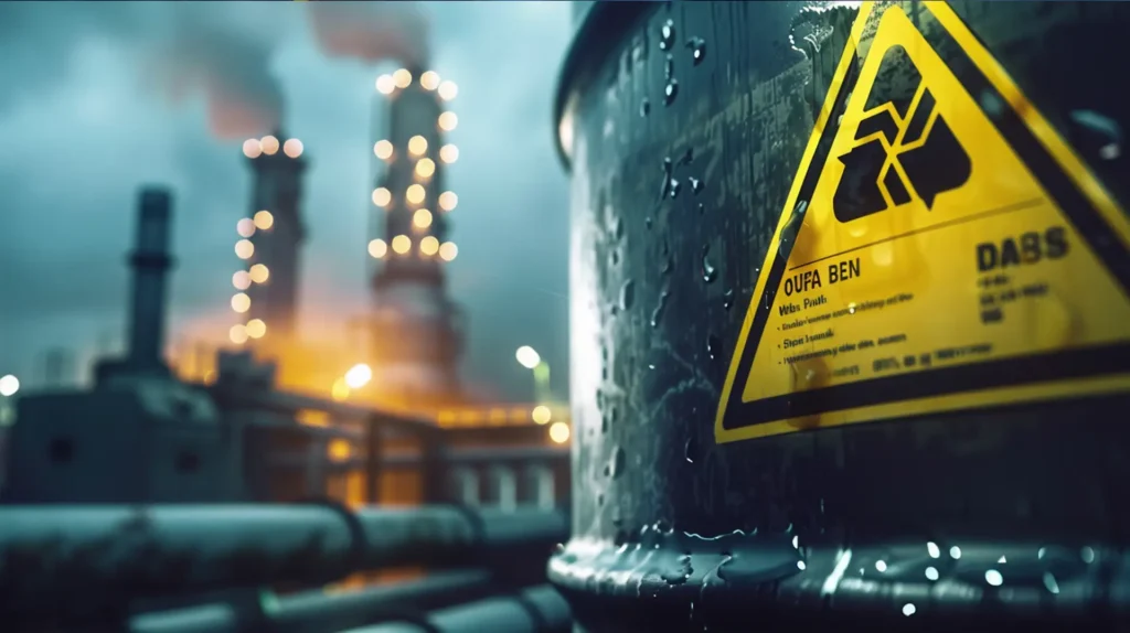 Schwarze Industrietrommel mit gelbem Gefahrstoff-Warnaufkleber vor Raffinerie im Regen