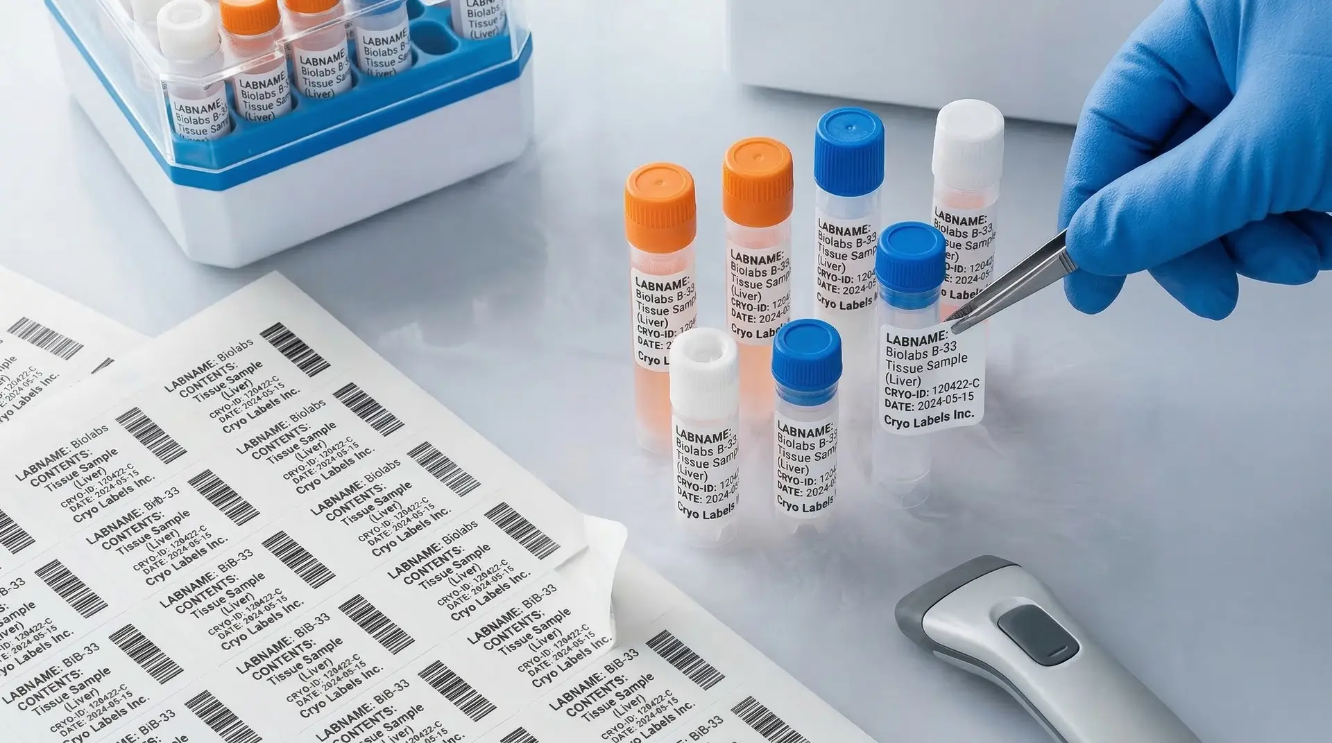 Kryoröhrchen mit Barcode-Cryo-Etiketten werden mit Pinzette entnommen – Cryo-Etiketten Labor