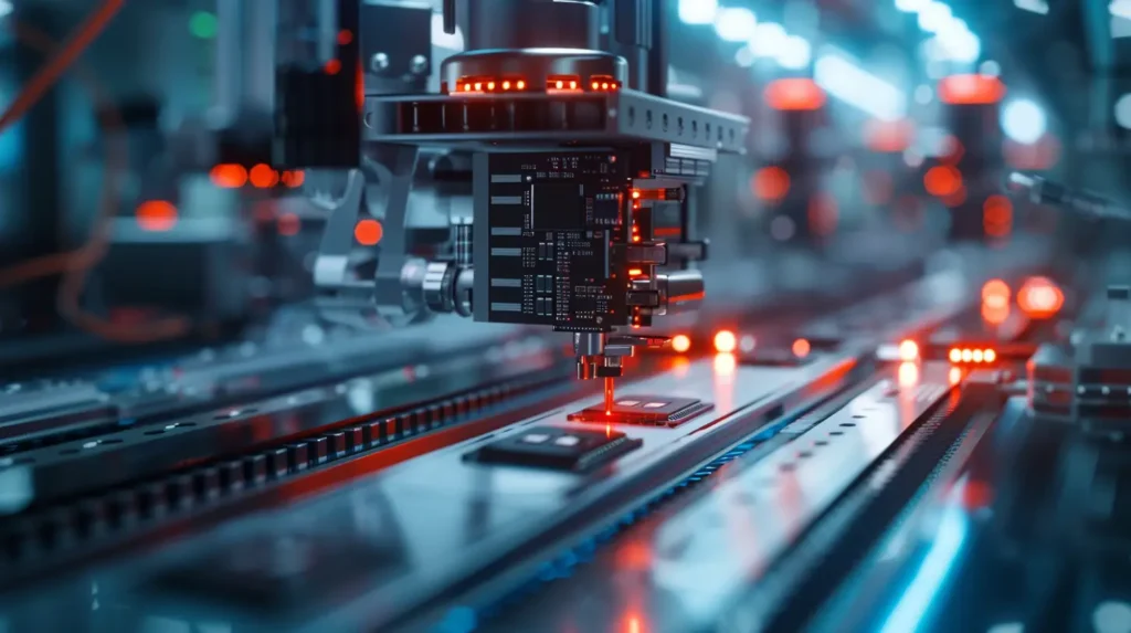 Roboterarm platziert Bauteile auf Leiterplatte in Elektronikfertigung