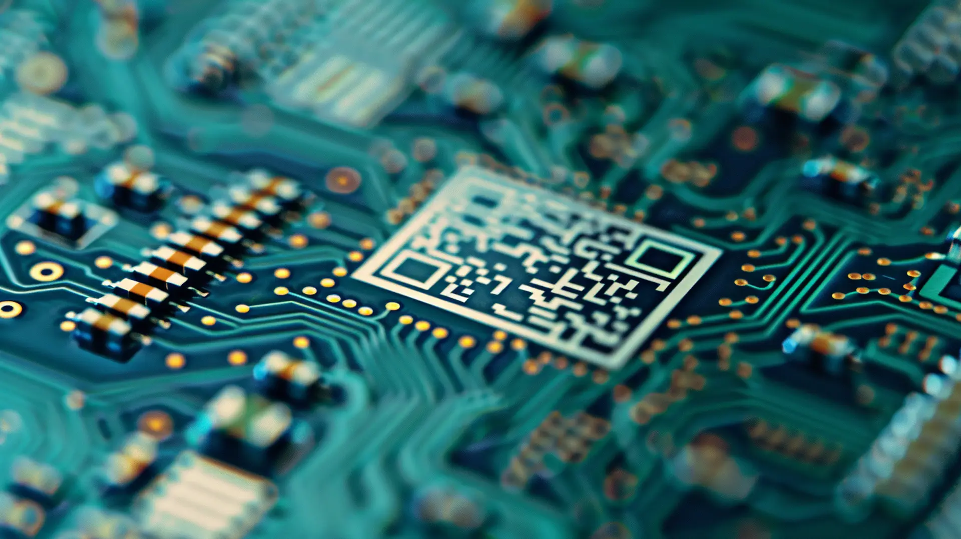 Grüne Leiterplatte mit QR-Code-Chip in Nahaufnahme – Etiketten Elektrotechnik Elektronik