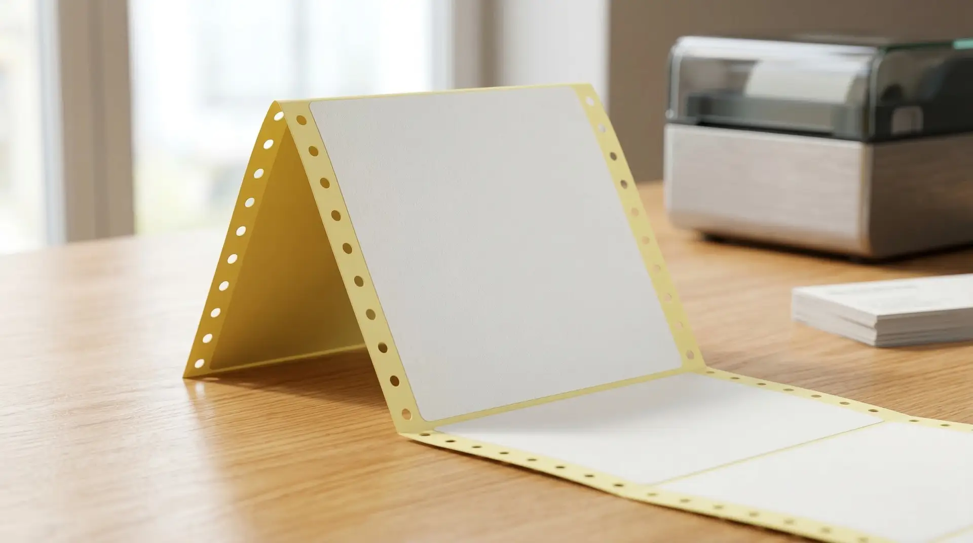 Weißes Endlos-Etikett mit gelbem Lochrand ziegelartig aufgestellt vor Etikettendrucker