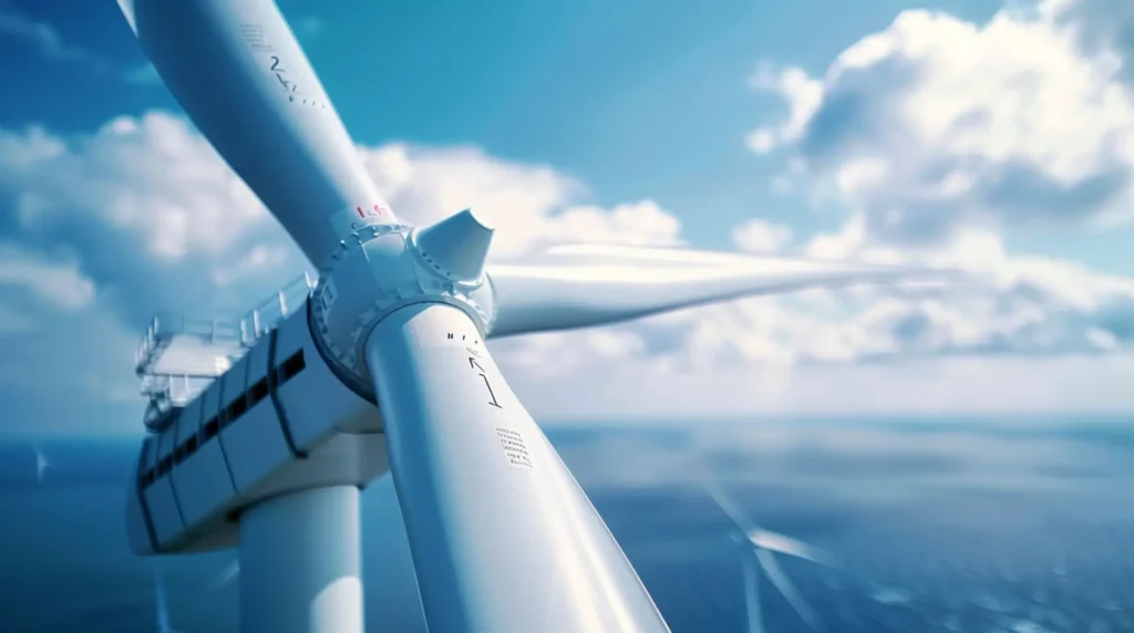 Nahaufnahme Windkraftanlage auf See mit Beschriftungen vor blauem Himmel – erneuerbare Energien