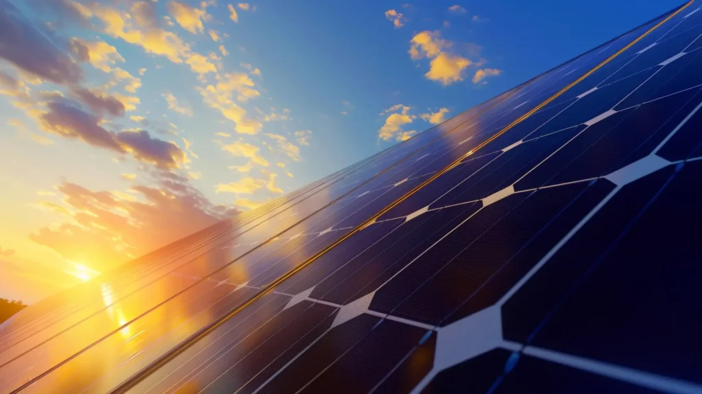 Solarpanele im Sonnenlicht vor blauem Himmel – Etiketten Energieversorgung erneuerbare Energien