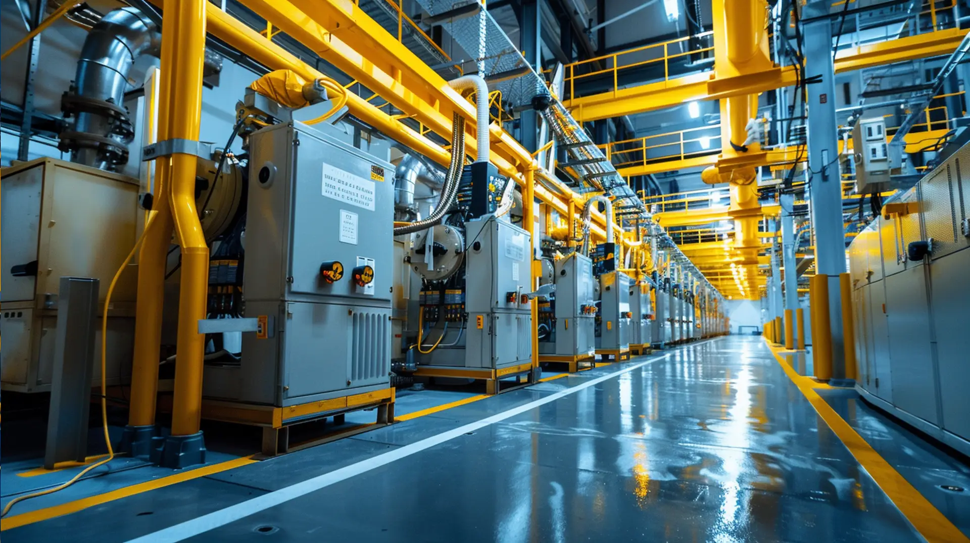 Elektrische Schaltschränke mit gelben Rohrleitungen in Energieversorgungsanlage