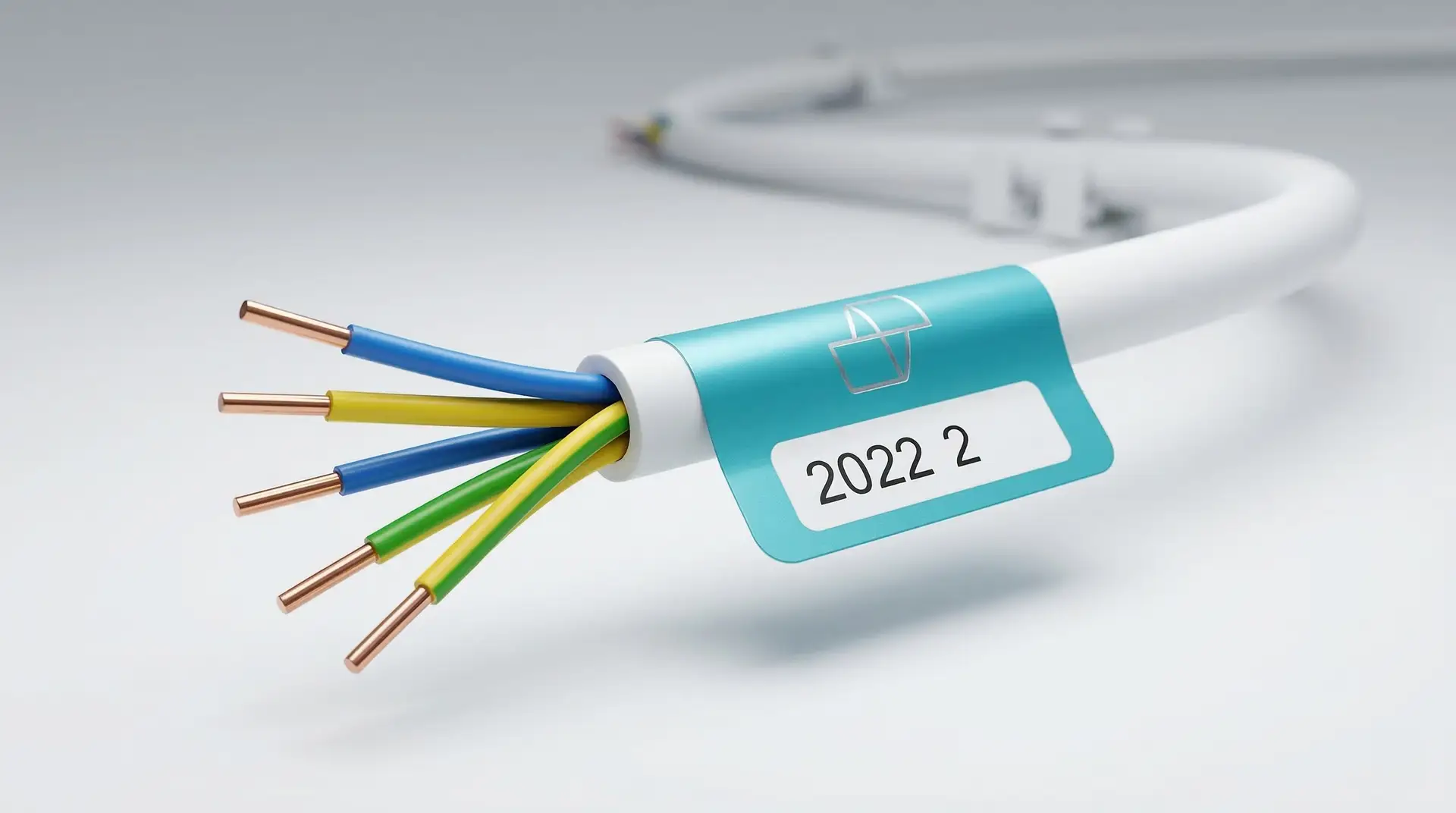 Türkisfarbenes Fahnenetikett mit Nummerierung um mehraderiges Kabel gewickelt – Kabeletiketten