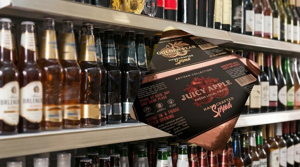 Flasche mit hochglänzendem Juicy Apple Folienetikett im Getränkeregal – Folienetiketten Getränke