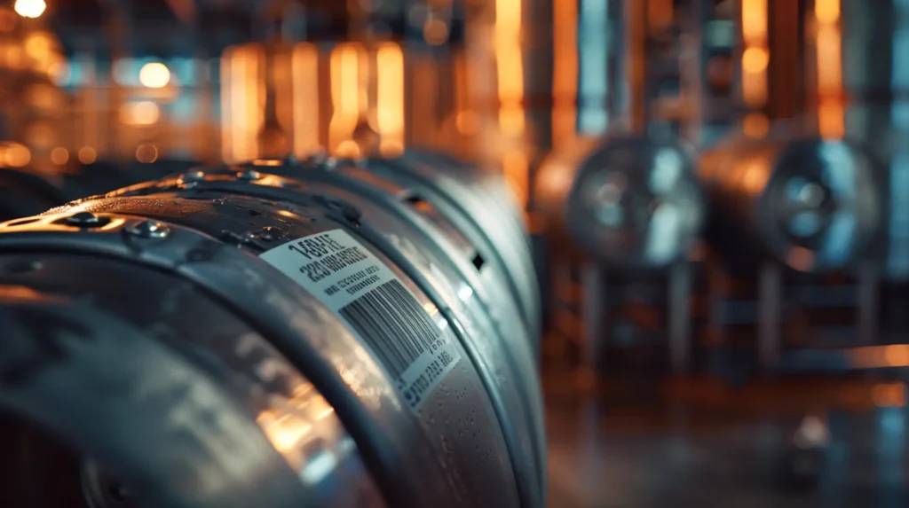 Silbernes Bierfass mit weißem Barcode-Etikett in Brauerei mit Kupferkesseln – Getränkeindustrie