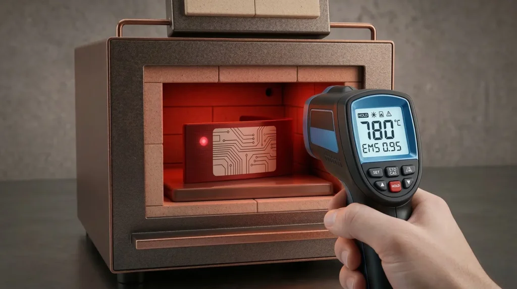 Infrarotthermometer misst 780 Grad an rotglühendem Bauteil in Industrieofen – Hochtemperatur-Etiketten