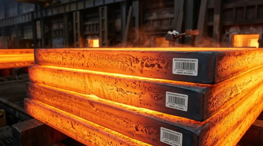 Glühende Stahlplatten in Walzwerk mit Hochtemperatur-Barcode-Etiketten auf rotem Metall