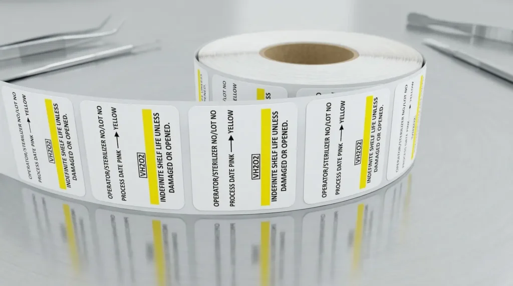 Rolle mit weißen Sterilisations-Indikator-Etiketten mit gelbem Farbbalken und VH202-Kennzeichnung