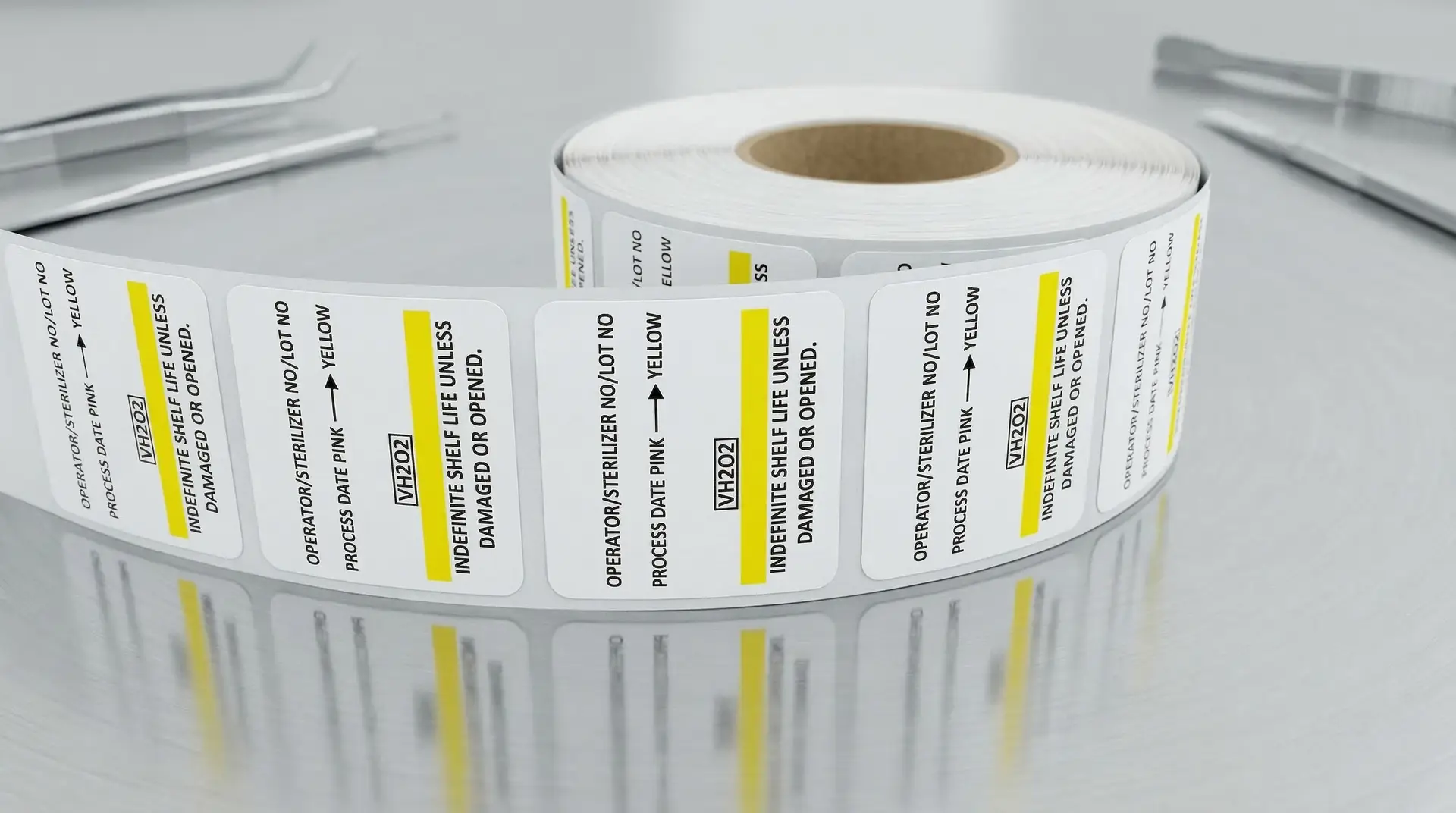 Rolle mit weißen Sterilisations-Indikator-Etiketten mit gelbem Farbbalken und VH202-Kennzeichnung