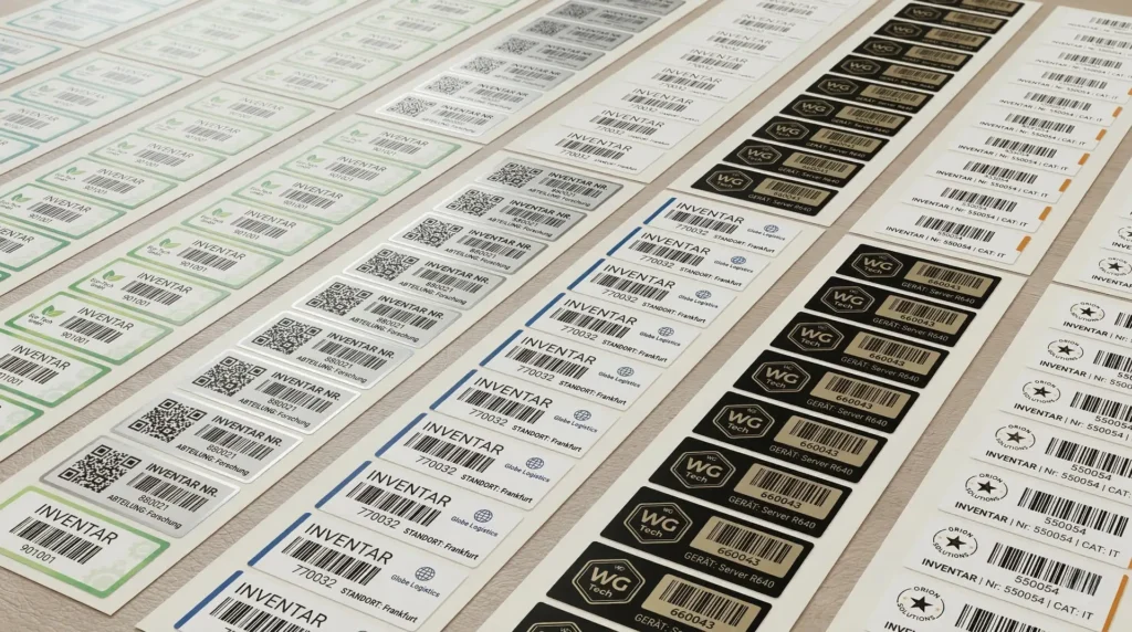 Mehrere Inventaretiketten-Bahnen mit QR-Code, Barcode und INVENTAR-Aufschrift in verschiedenen Layouts