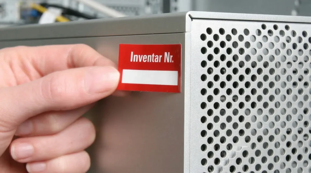Hand klebt rotes Inventar-Nr.-Etikett an silbernen Servergehäuse – Inventaretiketten IT-Assets