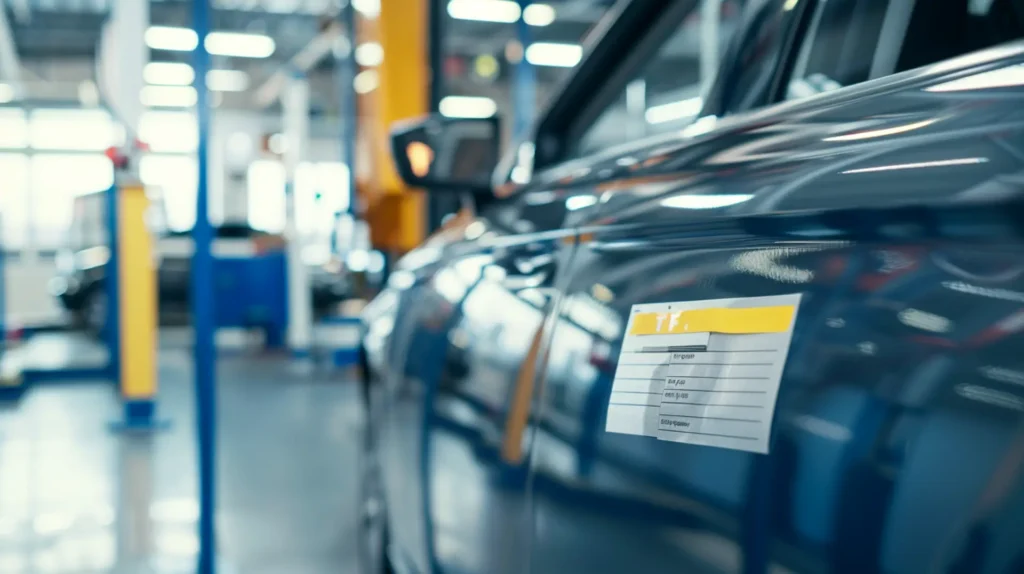 Dunkles Auto in KFZ-Werkstatt mit gelbem Prüfetikett auf Seitenscheibe