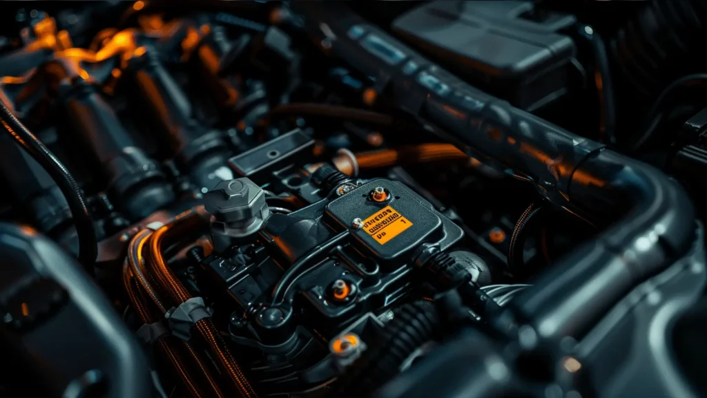 KFZ-Motorraum mit orangem Kabelbaum und orangem Warnaufkleber – Etiketten KFZ-Werkstätten