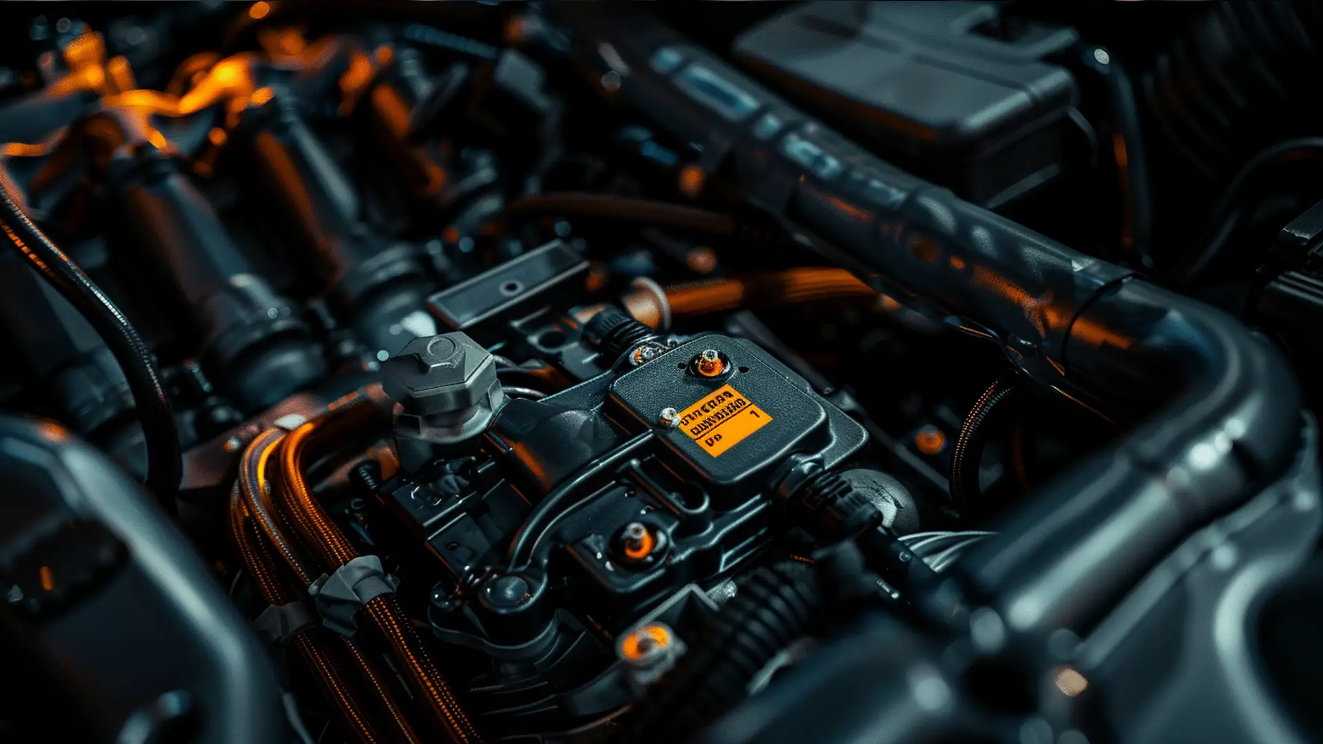 KFZ-Motorraum mit orangem Kabelbaum und orangem Warnaufkleber – Etiketten KFZ-Werkstätten