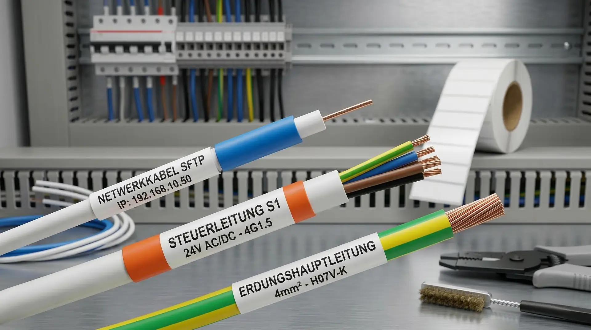 Verschiedenfarbige Kabel mit Kabelmarkierern Netzwerkkabel SFTP und Steuerleitung vor Schaltschrank
