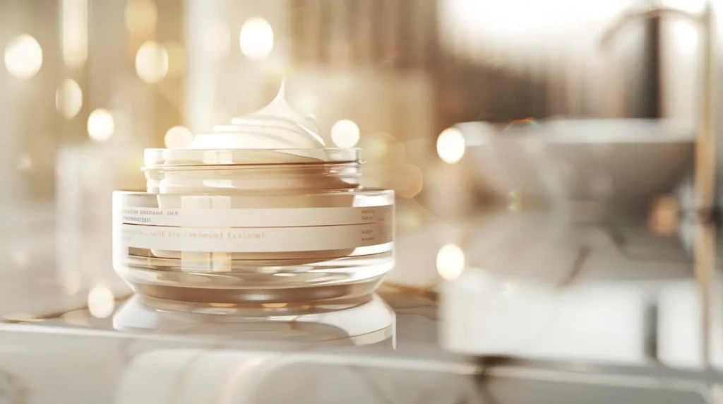 Offenes Glastiegel mit weißer Gesichtscreme auf glänzender Fläche – Etiketten Kosmetik Körperpflege