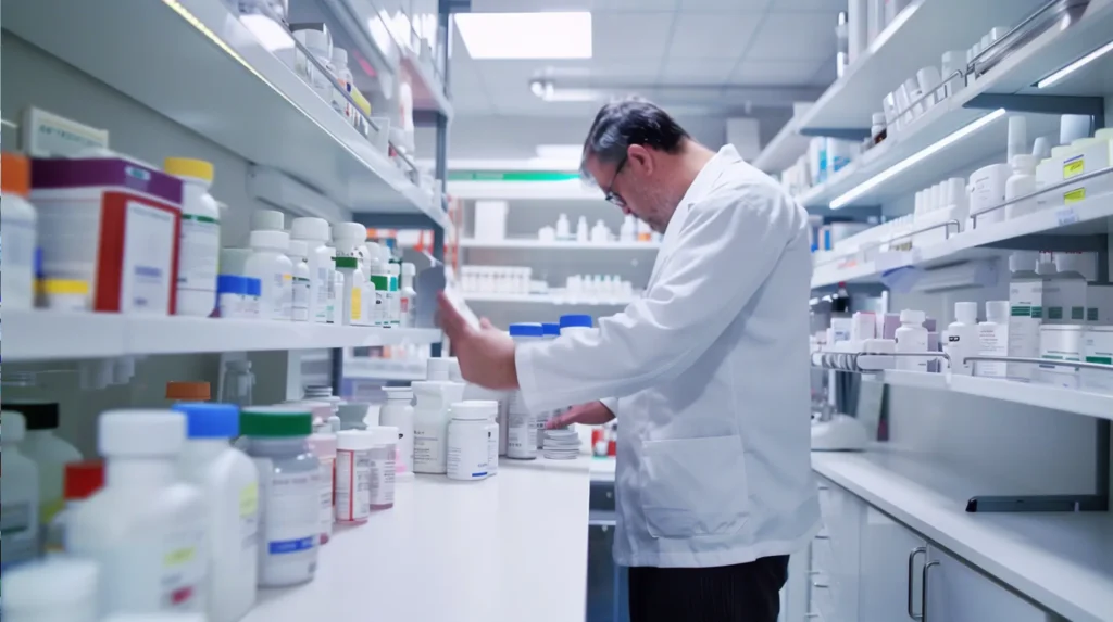 Apotheker in weißem Kittel greift nach etikettierter Medizinflasche im Krankenhausregal