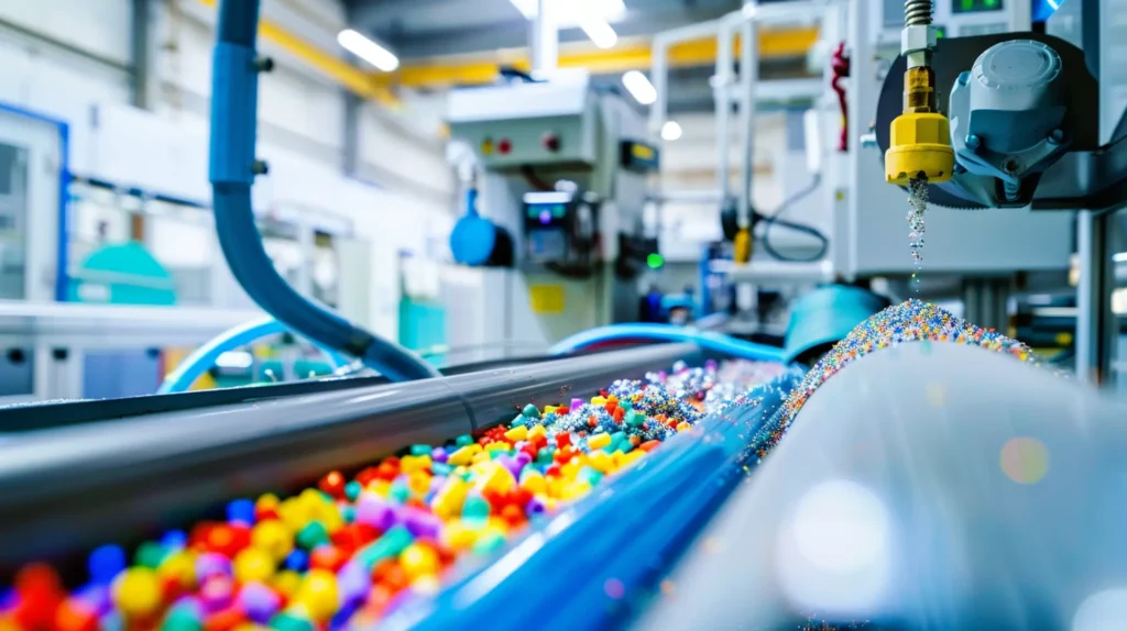 Bunte Kunststoff-Granulat-Pellets auf Förderband in Kunststoffverarbeitungsfabrik