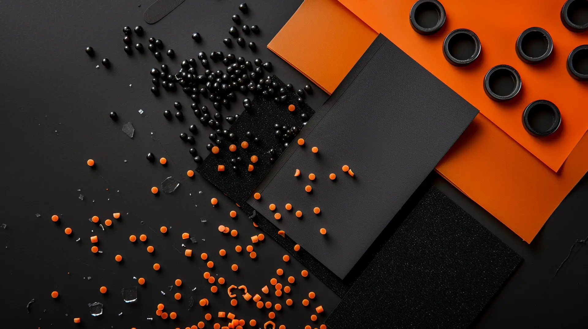 Schwarze und orangene Kunststoffgranulate sowie Gummischeiben auf dunklem Hintergrund – Kunststoff-Gummiverarbeitung