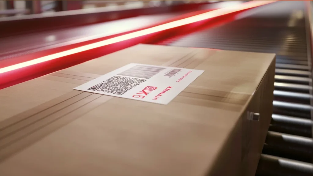 Kartonpaket mit QR-Code und Barcode-Etikett auf Rollenförderband im Paketverteilzentrum