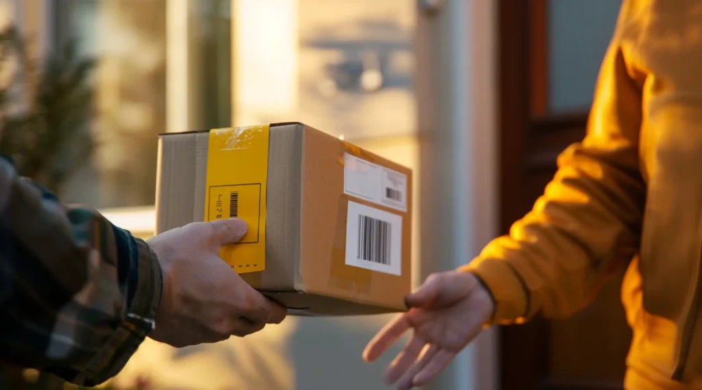 Paketbote übergibt Karton mit gelbem Etikett und Barcode an Empfänger an der Haustür