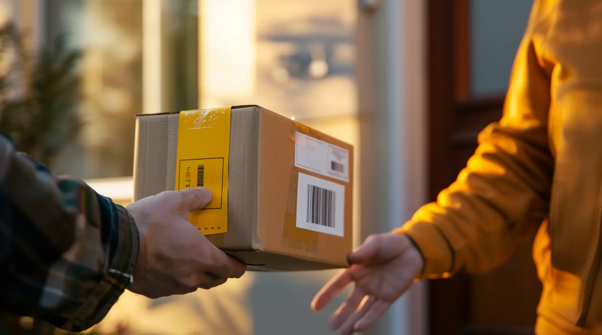 Paketbote übergibt Karton mit gelbem Etikett und Barcode an Empfänger an der Haustür