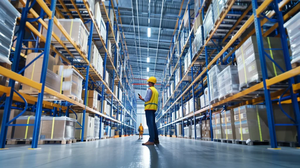 Mitarbeiter mit gelbem Helm und Warnweste prüft Bestände im Hochregallager – Lagerwirtschaft