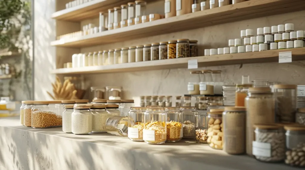 Lebensmittelgläser mit Etiketten auf Holzregal im Delikatessengeschäft