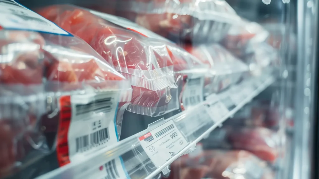 Fleischprodukte in Klarsichtverpackungen mit Barcodes im Supermarktregal – Etiketten Lebensmittelverarbeitung
