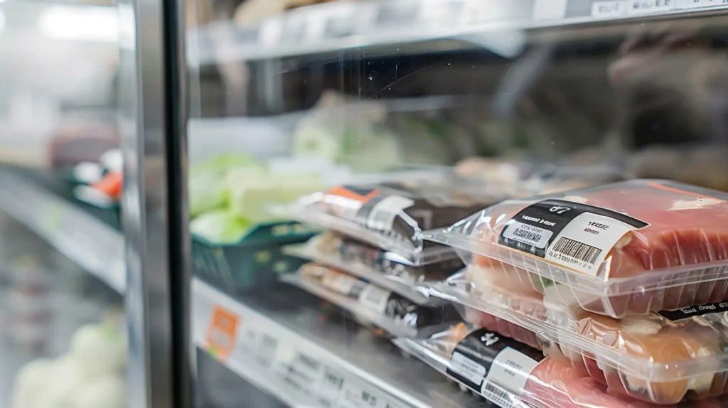 Frischfleisch in Klarsichtschalen mit schwarzem Barcode-Etikett in Supermarkt-Kühltheke